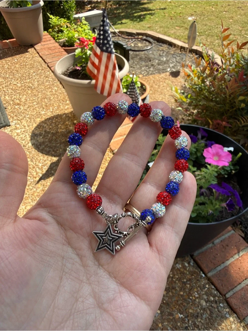 Artisan Crafted Patriotic Red White Blue Rhinestone USA Bracelet w/ Toggle Clasp